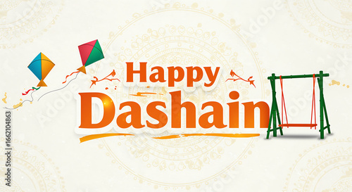 Bold Modern Happy Dashain Typography with Kite and Bamboo Swing Vector Design