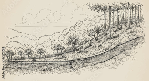 Landslide geology diagram illustrating soil erosion and earth science education perfect for environmental awareness campaigns and science publications