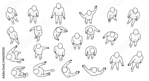 Overhead view people crowd individuals standing walking laying down from above perfect for architecture urban planning and design visualizations.