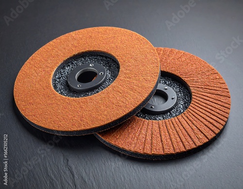 Two orange abrasive discs on dark surface