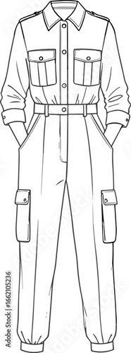 Flat cad fashion drawing of utility cargo jumpsuit with pockets and belt, vector illustration, clothing design template, technical garment sketch
