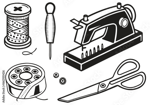 Sewing machine scissors thread bobbin awl buttons vector