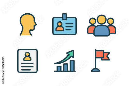 Business and HR Flat Icons Set Profile ID Team Document Growth Flag