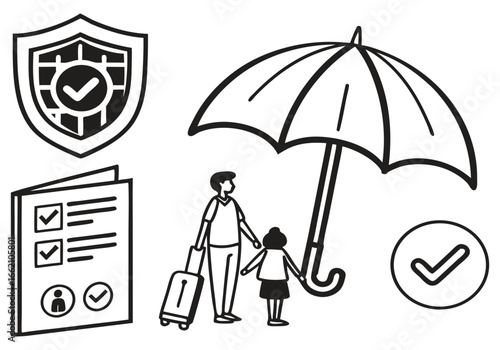 Shield umbrella people document checkmarks vector