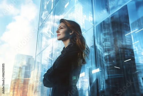 Confident businesswoman outside modern skyscraper