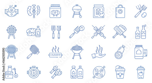 barbecue icons illustrating grilling outdoor cooking with food sauces and cooking utensils perfect for summer picnics and backyard parties.