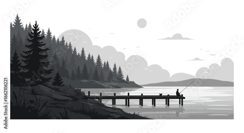 fisherman on a dock fishing enjoying a tranquil lake landscape with a peaceful overcast sky perfect for outdoor adventure and nature-themed projects
