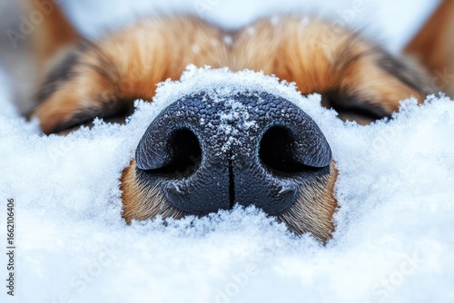 Dog nose peeking through winter snow