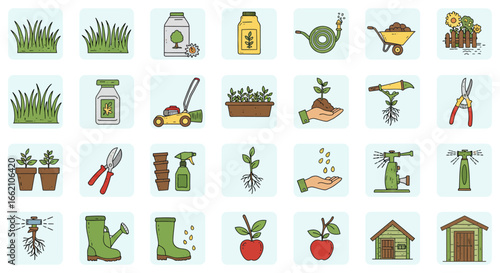 Gardening icons gardening tools illustrating lawn care watering plants potting sowing seeds and harvesting in a garden shed useful for garden blogs.