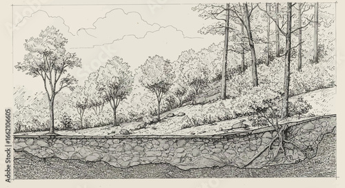 Forest hillside drawing cross-section of rocky forest hillside showcasing soil erosion and root systems in a serene woodland setting perfect for educational materials