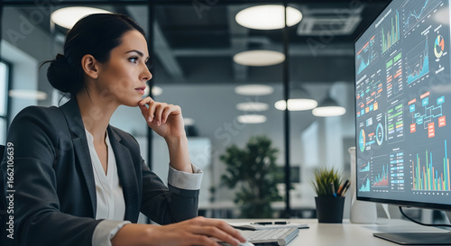 Professional Woman Analyzing Data on Large Digital Screen in Modern Office