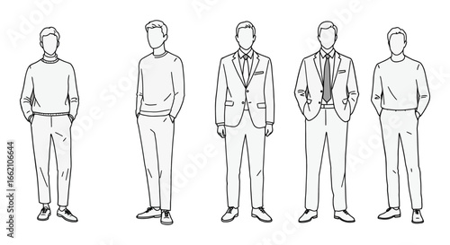 mens fashion styles showcasing various mens casual and formal outfits against a plain background ideal for fashion blogs or style guides.