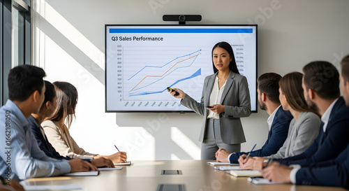 Businesswoman Presenting Sales Performance Graph in Modern Conference Room