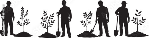 Set of workers planting trees in the ground, promoting environmental care, sustainability, and community gardening efforts