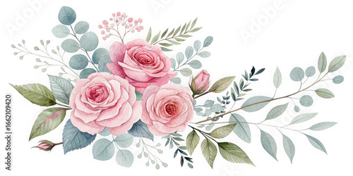Fototapeta Naklejka Na Ścianę i Meble -  Delicate watercolor pink roses and greenery arrangement isolated on transparent background