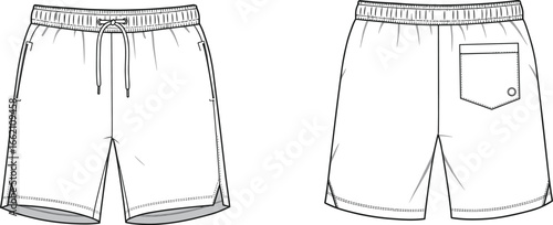 Flat sketch of men’s drawstring shorts with elastic waistband, side pockets, back patch pocket, technical fashion vector CAD illustration
