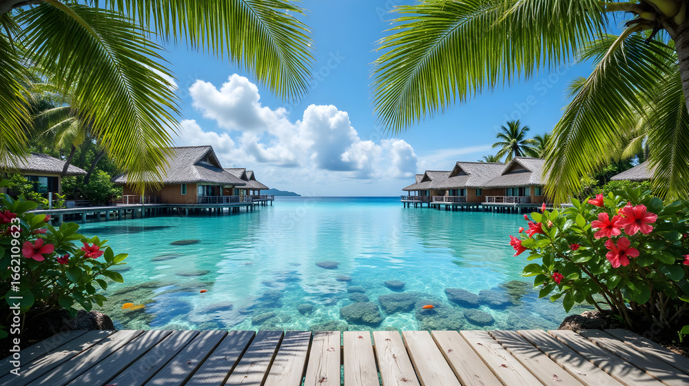 Fototapeta premium Wasserbungalows unter Palmen in tropischer Lagune – Harmonisches Wallpaper – Hintergrundbild