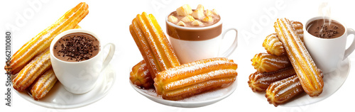 Set of fresh churros with hot chocolate and coffee sweet spanish dessert breakfast isolated on transparent background