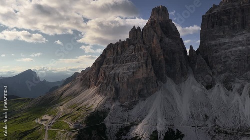 Sunset light on Tre Cime di Lavaredo from southern approach