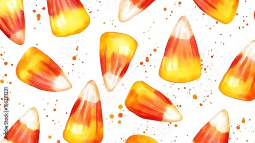 Seamless pattern candy corn watercolor Halloween sweet design on white background