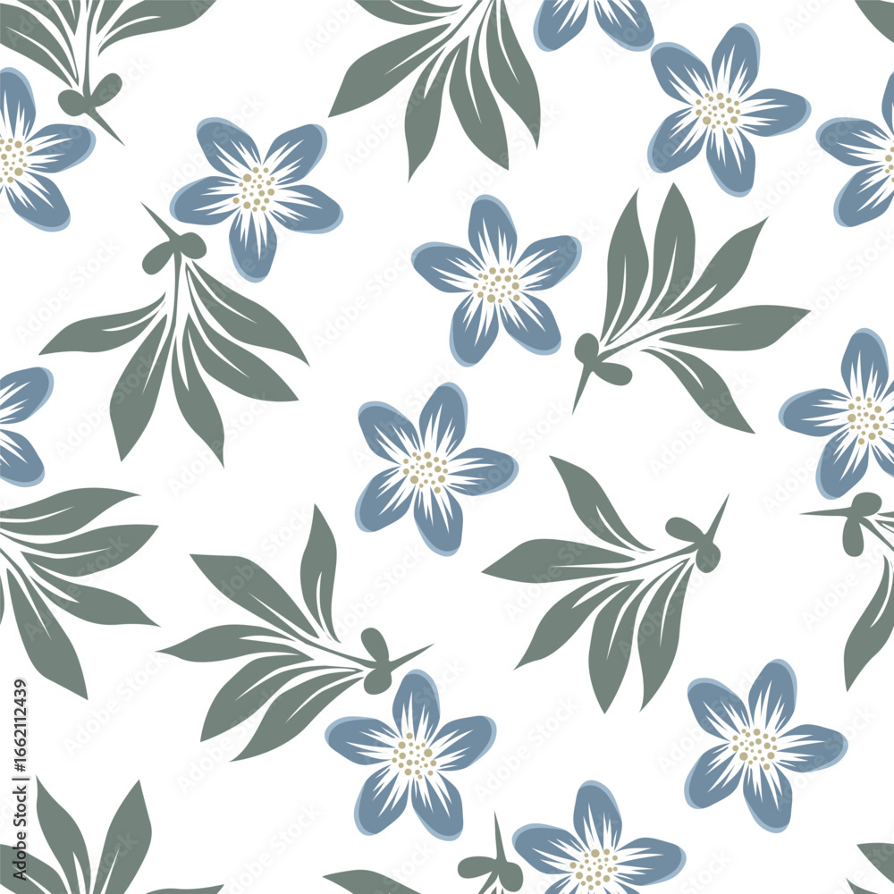 Obraz premium Seamless floral pattern, liberty ditsy print with cute large botany in retro folk style. Beautiful botanical design of hand drawn wild plants: flowers, leaves on black background. Vector illustration