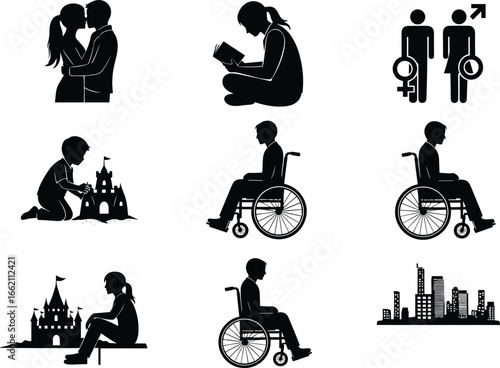 Inclusive Silhouette Vector Illustrations of Children, Disability, Reading, Love, Gender Symbols, Urban Life for Social, Educational and Design Projects