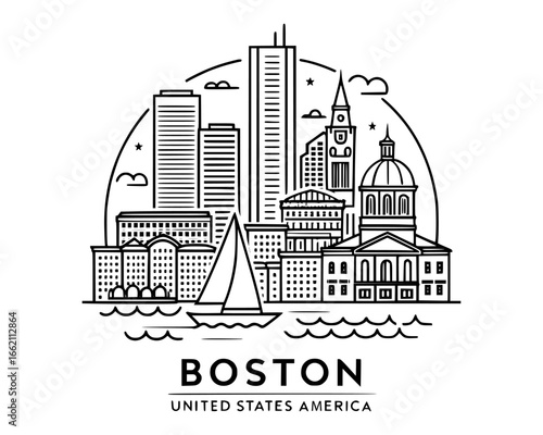 Boston skyline silhouette vector with Prudential Tower,  Bridge, Massachusetts State House, and  Park details.
