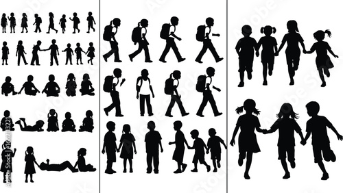 Silhouettes of Children Walking, Sitting, Holding Hands, and Playing – Vector Kids Activities and Friendship Concepts for Education