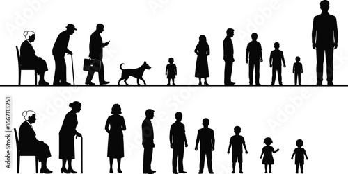 Silhouettes of Diverse People Aging from Child to Elderly, Including Dog, Showing Life Stages, Growth, and Family Concept Vector
