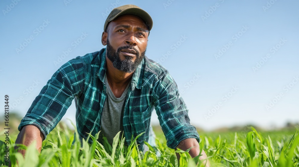 Fototapeta premium A man tending to crops in a lush green field under a clear blue sky. The scene conveys hard work and dedication in agriculture.