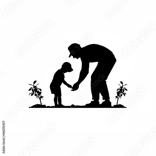 Farmer teaching child to plant seedling, bending together silhouette on white background