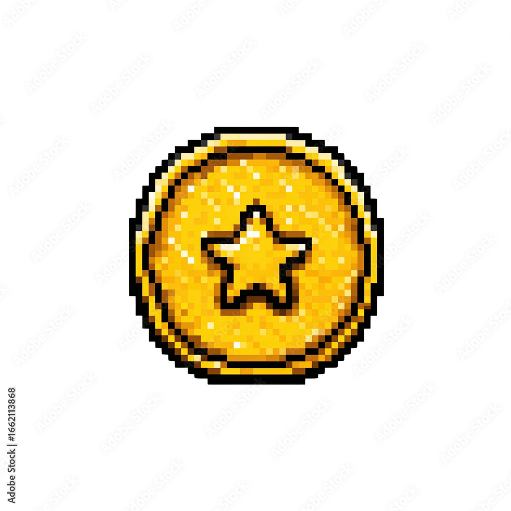 Obraz premium Pixel Art Gold Coin with Star Retro Gaming Reward