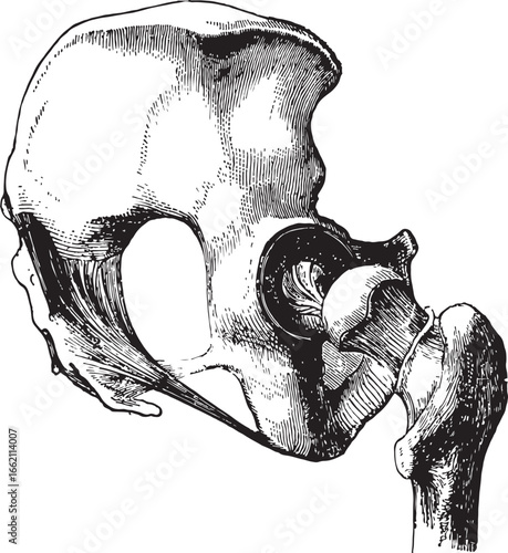 Human pelvis and femur anatomy illustration hip joint