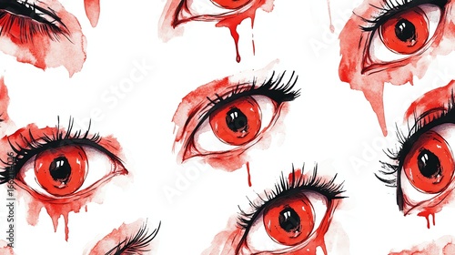 Seamless pattern scary eyes watercolor glowing effect on white background