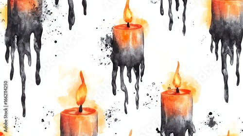 Seamless pattern spooky candles watercolor dripping wax on white background