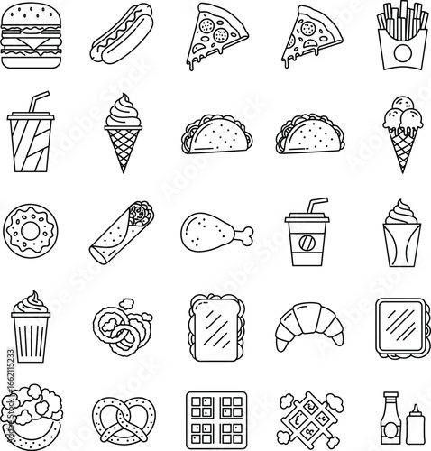 Fast food outline icons set, burger, hotdog, pizza, fries, soda, ice cream, taco, donut, burrito, chicken drumstick, milkshake, pretzel, sandwich, croissant, waffle, sauces
