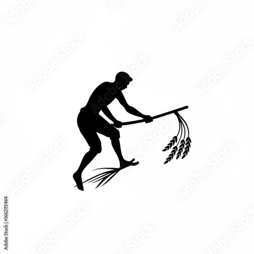 Farmer threshing grain with stick, active swinging motion silhouette on white background