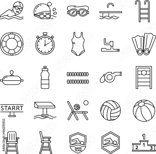 Vector swimming icons set, swimmer, goggles, pool ladder, stopwatch, swimsuit, fins, whistle, diving board, beach ball, swim team, swimming competition, water sports equipment.
