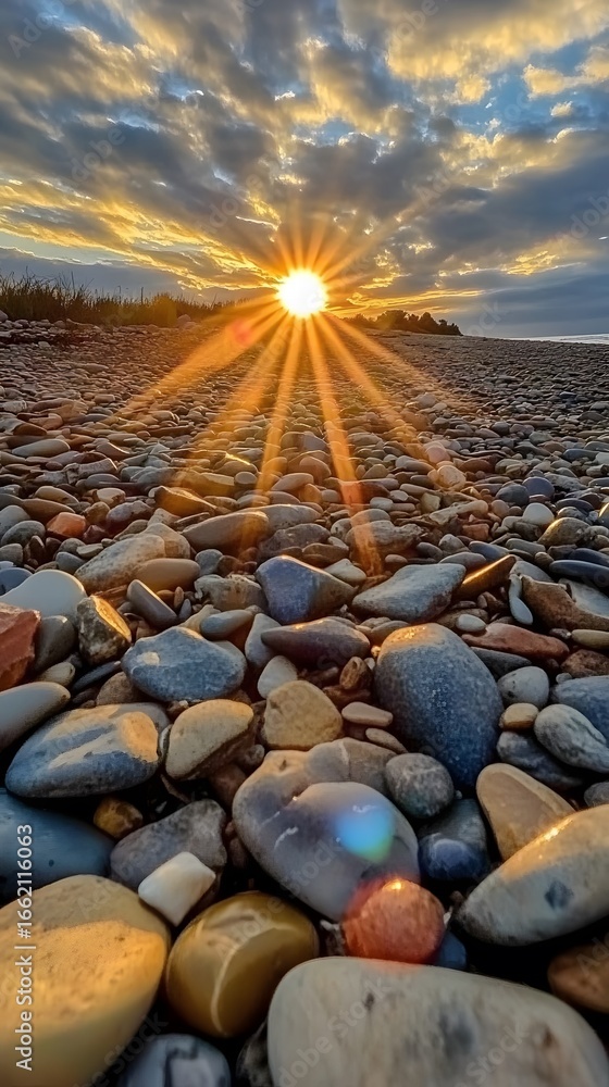 Obraz premium Stunning Sunset Rays on Pebble Beach Stones