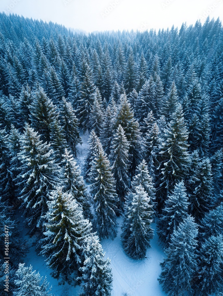 Obraz premium Aerial view of a snowy forest filled with evergreen trees, creating a serene winter landscape. Ideal for nature and seasonal themes.