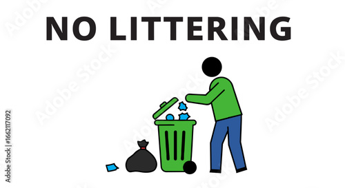 A simple illustration depicts a person disposing of trash into a green bin, emphasizing the importance of keeping public spaces clean and free of litter.