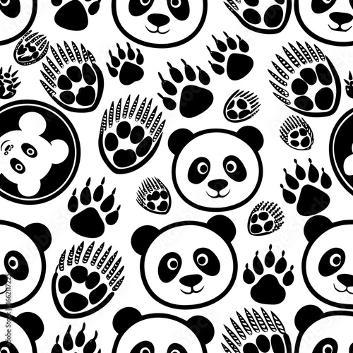 Cute black and white panda faces and paw prints seamless pattern background