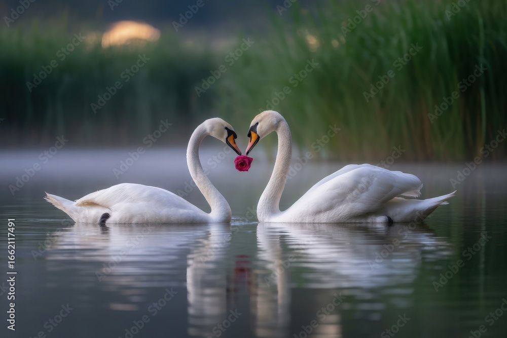 Obraz premium Two swans forming a heart shape on a misty lake