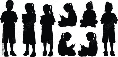 PrintGroup of children silhouettes using smartphones isolated on white background concept of screen addiction, digital age, and technology impact.