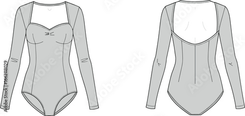 Flat sketch of women’s long sleeve bodysuit with sweetheart neckline, back scoop, lingerie fashion technical drawing, apparel vector CAD illustration