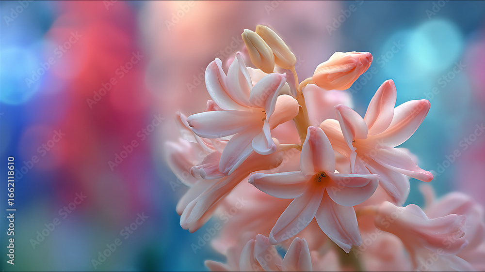 Fototapeta premium Ethereal Peach-Pink Hyacinth Blossoms Against a Dreamy, Colorful Bokeh