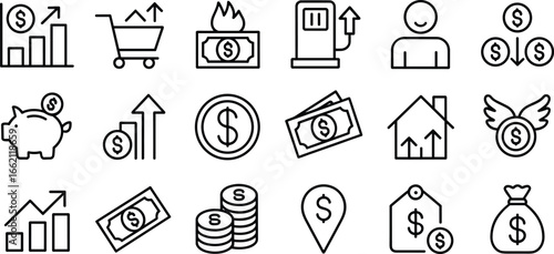 Vectorizer finance economy icons set, money growth chart, inflation symbols, investment budget tools, financial strategy vector, cash flow graphics