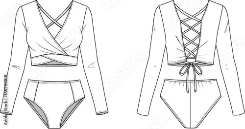 Flat sketch of women’s long sleeve bodysuit with wrap front design, lace up back detail, fashion vector technical drawing lingerie