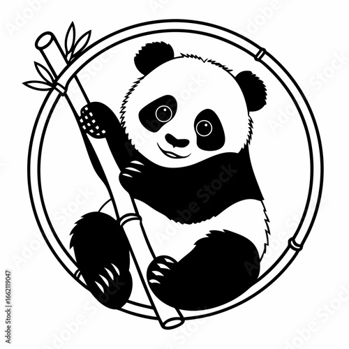 Vector art of a cute panda bear clinging to a bamboo branch, a charming black and white illustration, perfect for kids