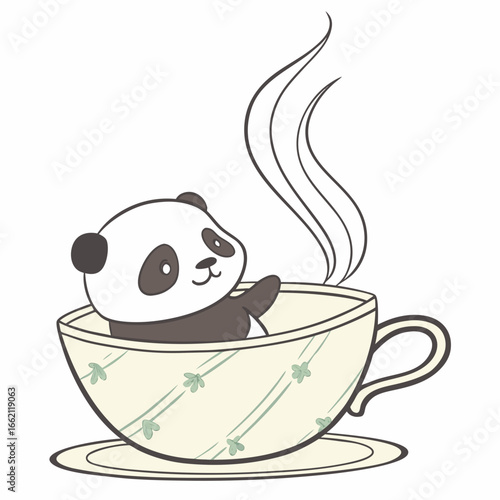 Vector art of a cute panda bear relaxing in a teacup with steam rising